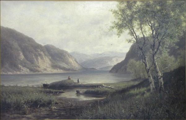 unknow artist Mountain lake fishing. Norge oil painting art
